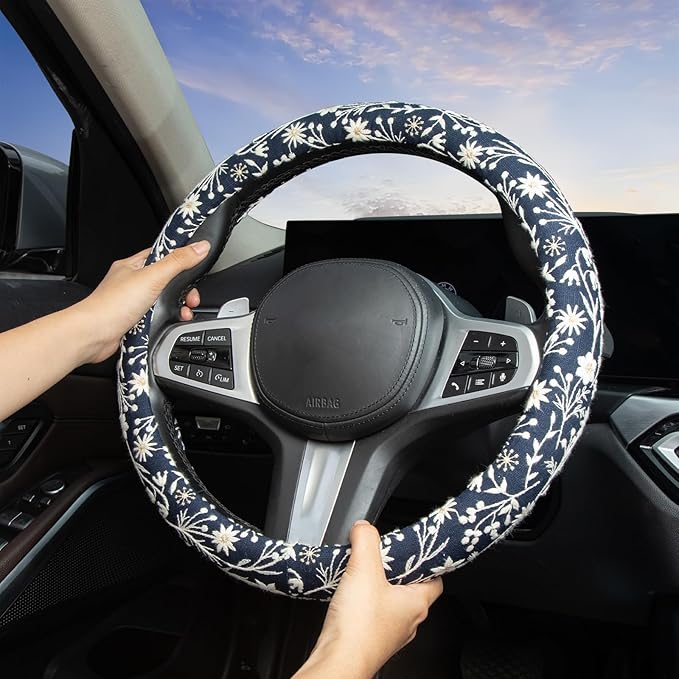 Brown Japanese Style Flower Steering Wheel Cover Auto Embroidery Steering Wheel Protector, Anti-Slip, Breathable, Absorbing Sweat, Universal Car Accessories 14.5–15 inch,Fit for Most Car, Trucks, SUV