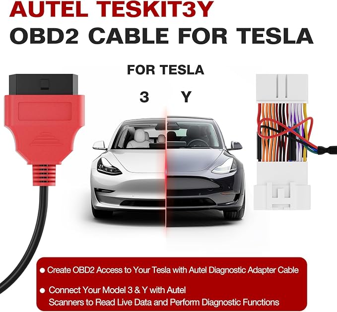 Autel Original TESKIT3Y Teala Diagnostic Cable Adapter for Tesla Model 3 & Y, 26Pin OBD1 to 16 Pin OBD2 Extension Harness Connector, Work with OBD2 Scanner MaxiSys Ultra Elite 2 PRO MS908S PRO MS909
