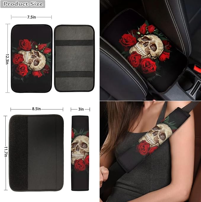 10 Pcs Skull with Red Rose Car Accessories Set, Seat Covers Steering Wheel Cover Center Car Console Pad Armrest Cover Seatbelt Pads Car Coaster Key Chains Wrist Strap for Car Decoration