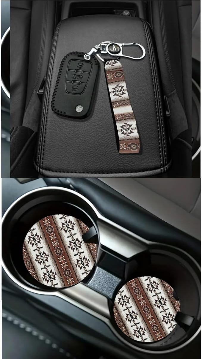 Dreaweet Navajo Car Seat Covers Full Set 15 Pcs Southwestern Native American Geometric Tribal Steering Wheel Cover Seat Belt Pads Coasters Trash Bag Vent Storage Pouch Rearview Mirror Cover Keychain