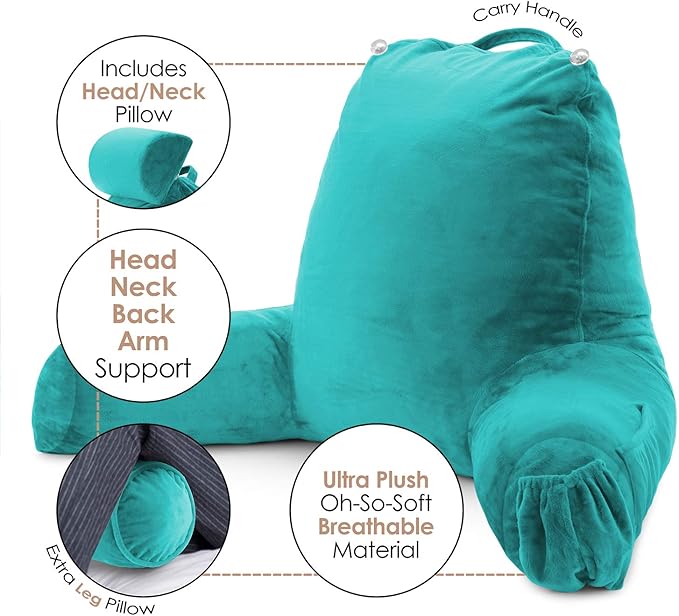 Nestl Reading Pillow with Shredded Memory Foam Includes 2 Neck and Lumber Support Pillows, Designed for Sitting Up in Bed and Couch, Back and Arms Adjustable Support for Adult & Teens, Teal