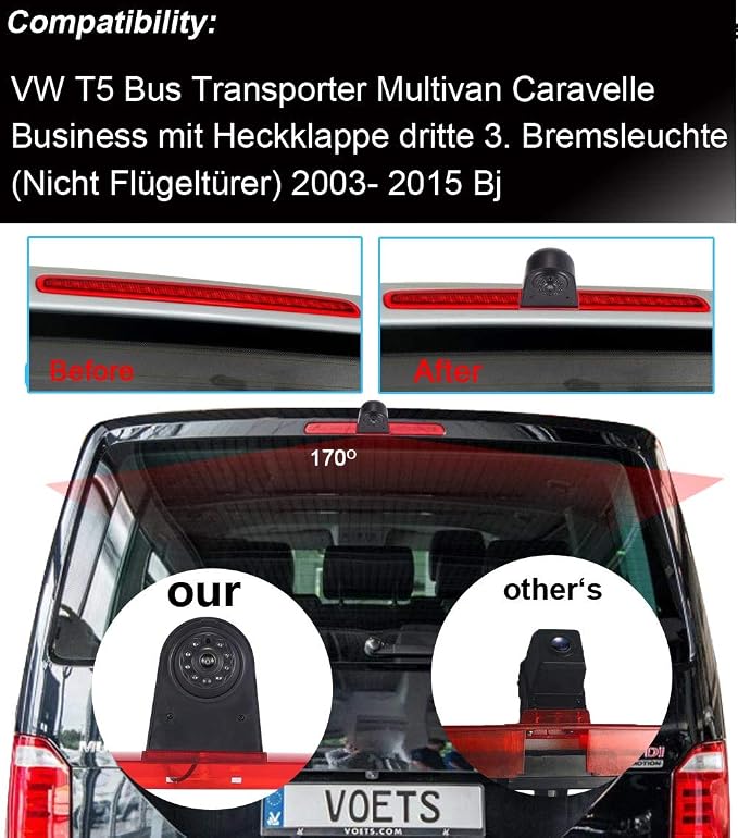 Transporter Van Brake Light Rear View Backup Camera Parking Aid Waterproof HD Night Vision Reversing Camera Replacement for VW T5 Bus Transporter Multivan Caravelle Bussiness 2003-2015 Bj