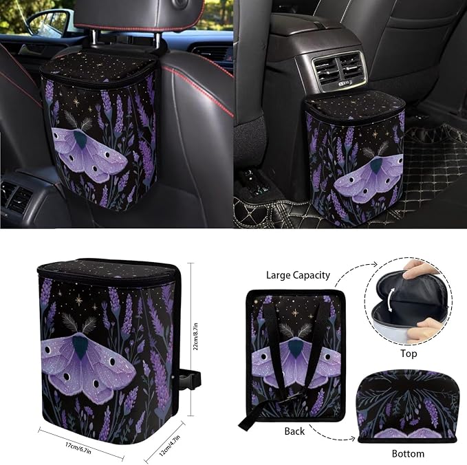 Purple Vintage Moth Car Seat Covers Full Set 15 Pcs Universal Car Accessories Steering Wheel Cover Seat Belt Pads Garbage Bag Car Headrest Pillow Covers Armrest Pad