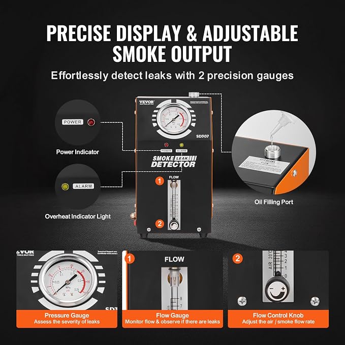 VEVOR Automotive Smoke Machine Leak Detector, DC 12V EVAP Vacuum Diagnostic Tester with Built-in Air Pump, Pressure Gauge & Flow Meter, 2-Mode Fuel Detector for Cars, Motorcycles, Trucks, Boats, ATVs