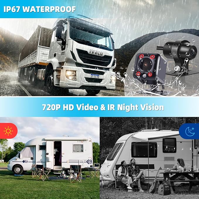 VSYSTO X7H 4-Channel 720P Backup Camera & Dash Cam System, 7" LCD Quad Split Display with IP67 Waterproof IR Night Vision Cameras for Front Rear and Side Views for Semi Truck, RV, Van, and Trailer
