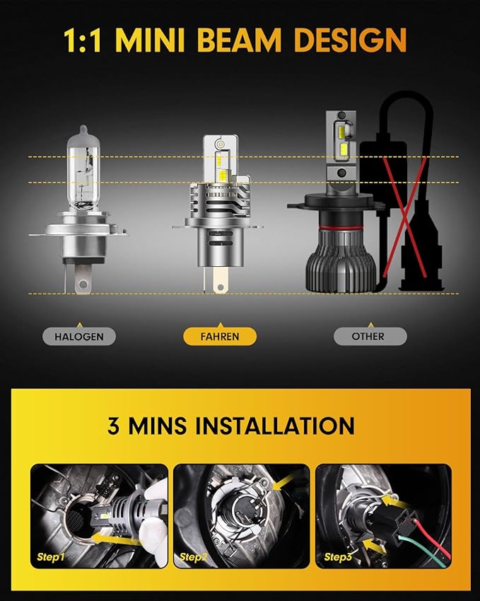 FAHREN Latest & Brightest H4 LED Bulbs, (1,200%) 12X 80,000LM Extreme Brightness 9003 bulb, 6500K Cool White, 1:1 Min Size,IP68 Waterproof Fog Bulbs,Pack of 2,Plug-N-Play.