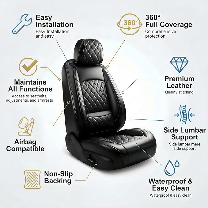 Car Seat Covers Compatible with Ford Taurus 2002-2019 - Full Set 5 Seats Luxury Leather All-Weather Seat Cushions & Protectors, Waterproof & Breathable, Airbag Compatible (Black)