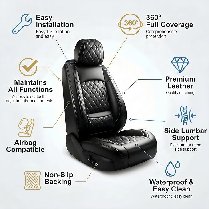 Car Seat Covers Compatible with Ford Bronco Sport 2021-2026-Full Set 5 Seats Luxury Leather All-Weather Seat Cushions & Protectors, Waterproof & Breathable, Airbag Compatible (Black)