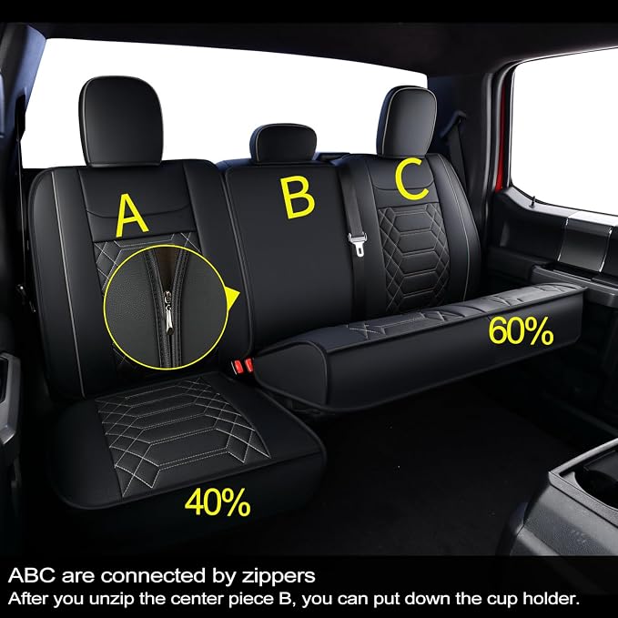 RISINGSTAR F150 Faux Leather Seat Covers, fit for 2015-2026 F150 SuperCrew, and 2017-2026 F250 F350 F450 Super Duty Crew Cab(Full Set, Black&Gray)