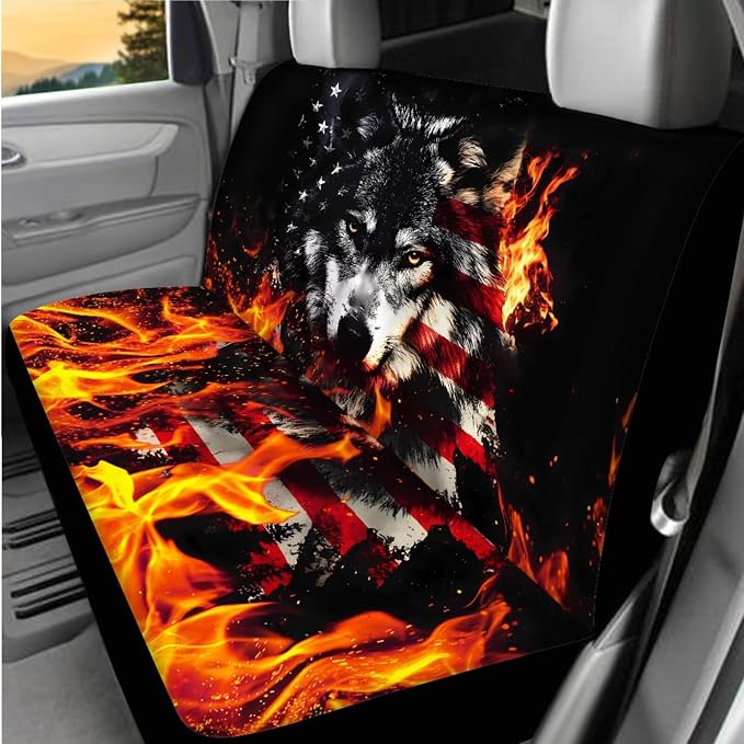USA Flag Flame Wolf Print Car Interior Accessories Set of 8, Car Seat Covers, Auto Steering Wheel Cover, Auto Center Console Pad, Seat Belt Pads, Universal Fit Cars SUVs Trucks
