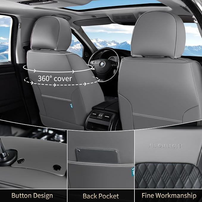 FLORICH Seat Covers, Car Seat Covers Full Set, Luxury Nappa Leather Seat Covers, Breathable and Waterproof Car Seat Protector 5 Seat, Automotive Seat Covers Universal Fit for Most Cars-Gray&Black