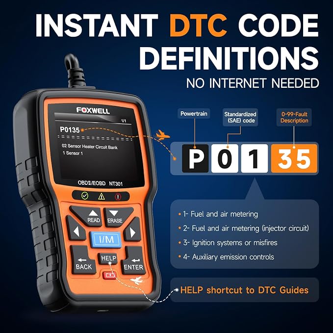 FOXWELL NT301 OBD2 Scanner Live Data OBDII Diagnostic Code Reader Tool & Portable Carrying Case for OBD2 Scanners & Battery Testers