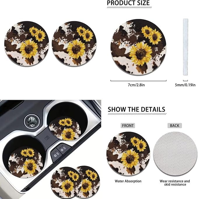 Howilath Cows Sunflowers Print Car Seat Cushion Cover with Steering Wheel Protector/Seat Belt Shoulder Pads/Keychains/Coasters Universal Fit Interior Accessories Fit Most Vehicle - 13 Piece