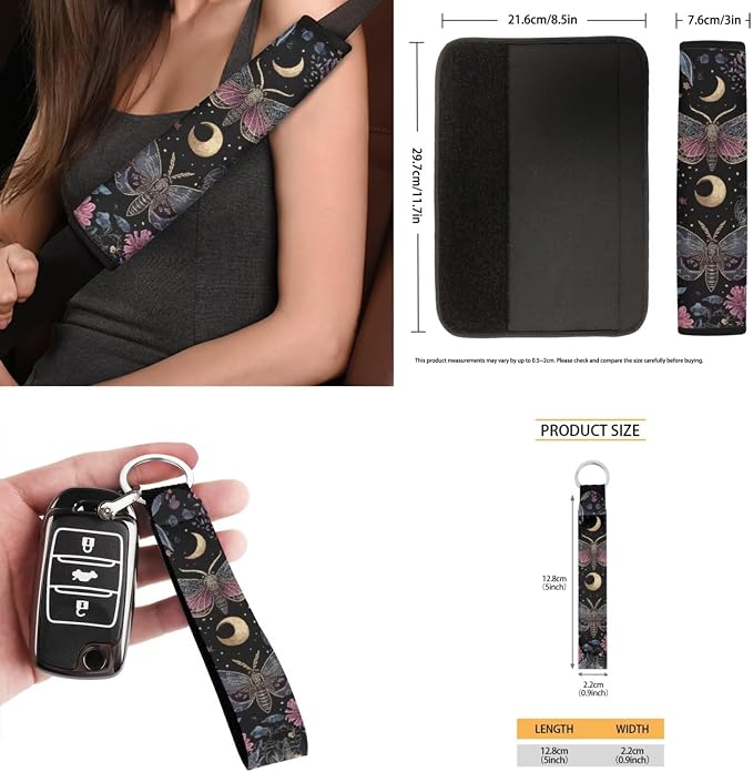 Goth Moon Moth 15 PCS Car Seat Cover Set, with Steering Wheel Seat Belt Cover Rear View Mirror Cover Coaster Trash Cans Keychain Universal Fit