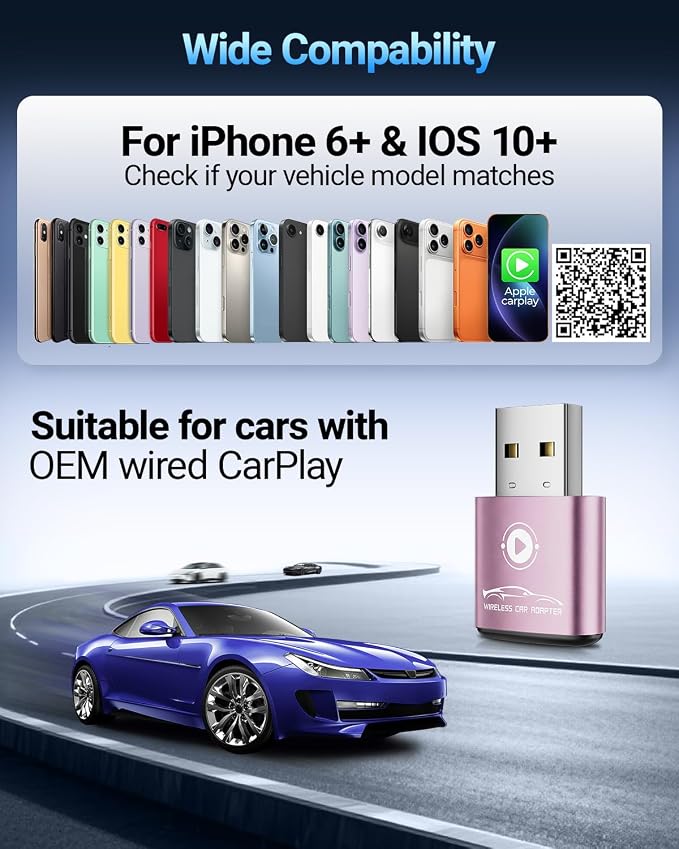 vnilrgle CarPlay Wireless Adapter for Apple iPhone（2026 Upgraded） Bluetooth Dongle Convert Wired to Wireless Adapter for CarPlay, Plug and Play, Auto Connect Fast and Stable(Pink)