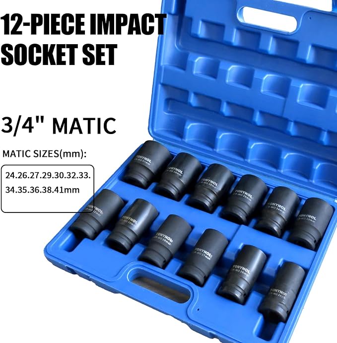TONYNOL 3/4 Inch Drive Deep Impact Socket Set,6-Point,Metric (24mm to 41mm),12 Pcs,Cr-Mo,Heavy Duty Impact Socket Set,With a Storage Case