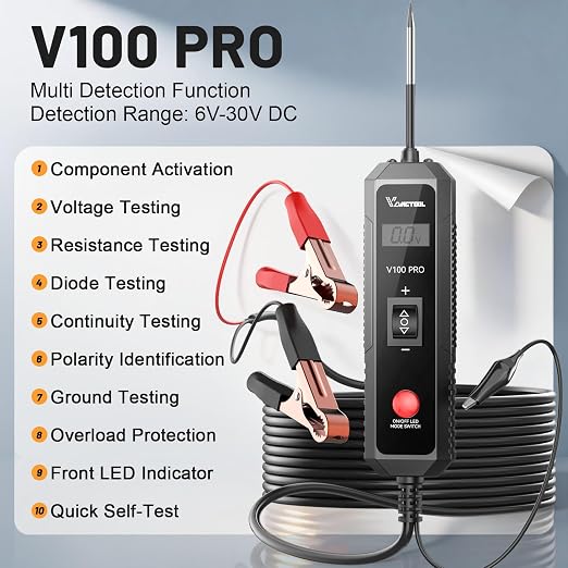VDIAGTOOL V100 PRO Power Circuit Probe Tester, 6V-30V DC Multifunctional Car Test Light Automotive with Component Activation, Voltage, Continuity Test, Overload Protection for Car SUV RV Motorcycle