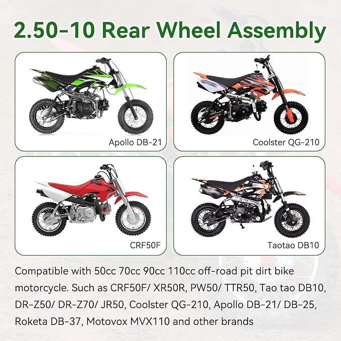 2.50-10 Dirt Bike Rear Wheel Drum Brake Assembly Compatible with CRF50 XR50 TTR50 SSR Taotao Apollo, 2.5-10 2.50x10 Tire & Rim for 50cc 70cc 90cc 110cc Pit Bike Off Road Motorcycle Parts