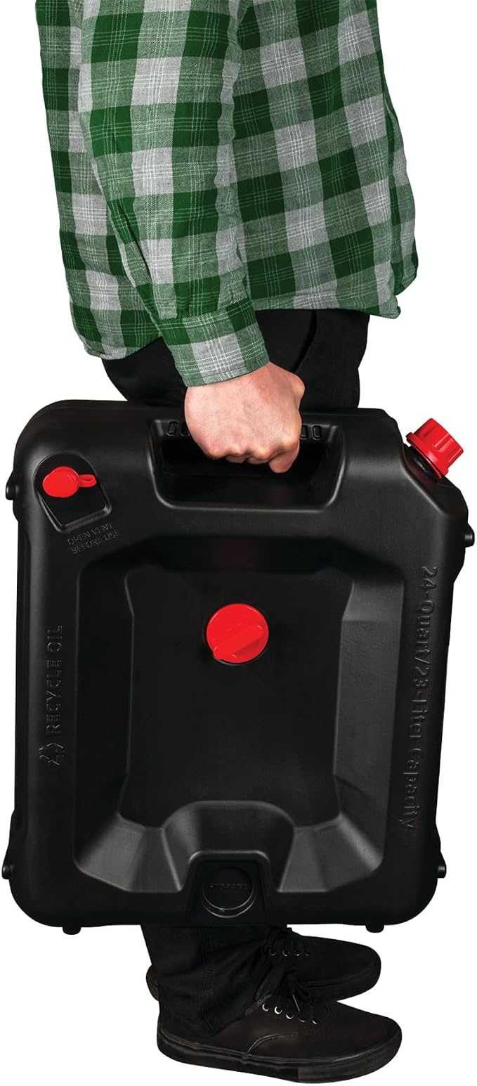 Performance Tool W4078 24-Quart Oil Drain Container, Deep Drain Well, Integrated Handle, Sealing Rubber Gaskets, Black