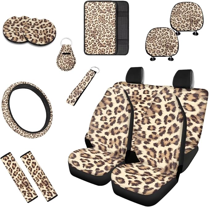 Leopard Print 13 Pcs Seat Covers Full Set Animal Cheetah Pattern Non Slip and Soft Headrest Cover Car Cup Pad Fit for Car,Truck,Van,SUV