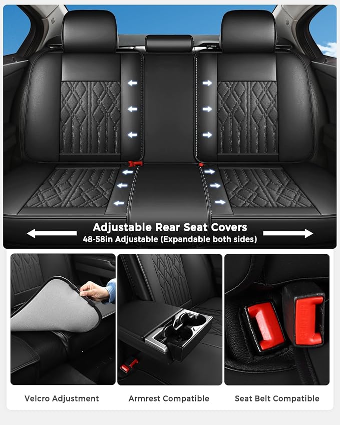 Huidasource Leather Seat Covers Full Set, Car Seat Cover Universal Fit for Most Cars Sedans SUVs Trucks, Airbag Compatible, Cup Holder Access, Easy Install, Wipes Clean, Wear-Resistant, Black
