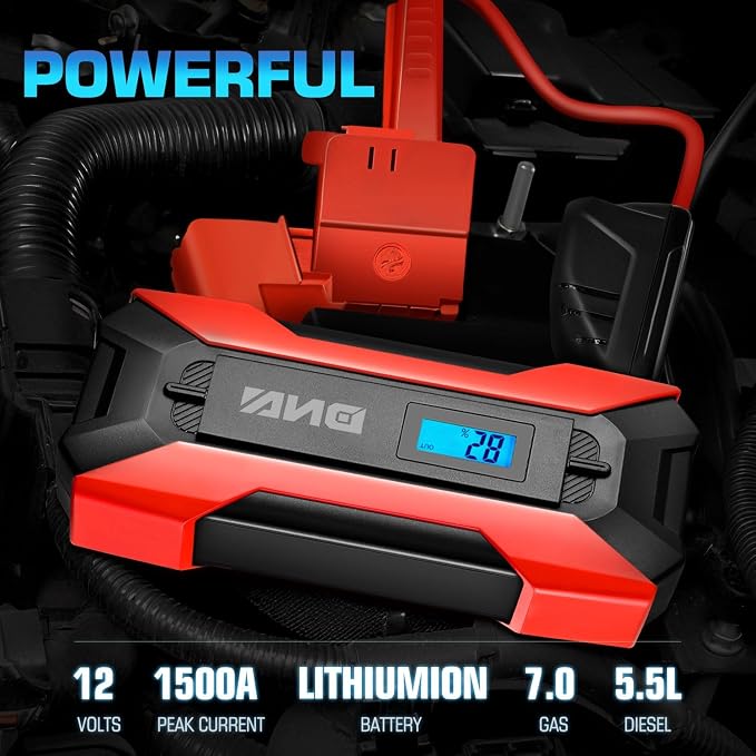 ‎DNA Motoring TOOLS-00214 12V 1500A 15000 mAh Multi-Function Portable Car Battery Jump Starter for Up to 7.0L Gas & 5.5L Diesel Engine, with Carry Case, Red