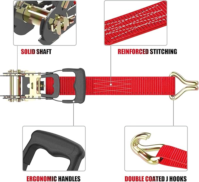 AWELCRAFT Ratchet Straps Heavy Duty 4 Pack,4500lbs Breaking Strength,1.5in×15ft Tie Down Ratcheting Strap with Padded Handles, Double J Hooks & Soft Loops for Motorcycle,Trailer & Trucks (Red)