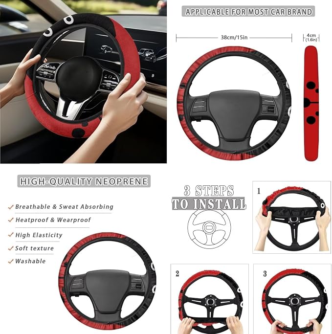 Ladybug Car Seat Covers Full Set for Women Cute Car Accessories Interior Car Steering Wheel Cover Seatbelt Covers Trash Bin Rear View Mirror Cover Cup Holders Keychain