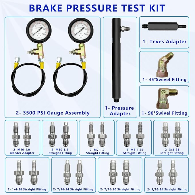 Brake Pressure Tester, Universal Brake Pressure Gauge, 0-3500PSI ABS Hydraulic Oil Pressure Gauge Kit, Brake System Test Diagnostic Tool for Gasoline Car