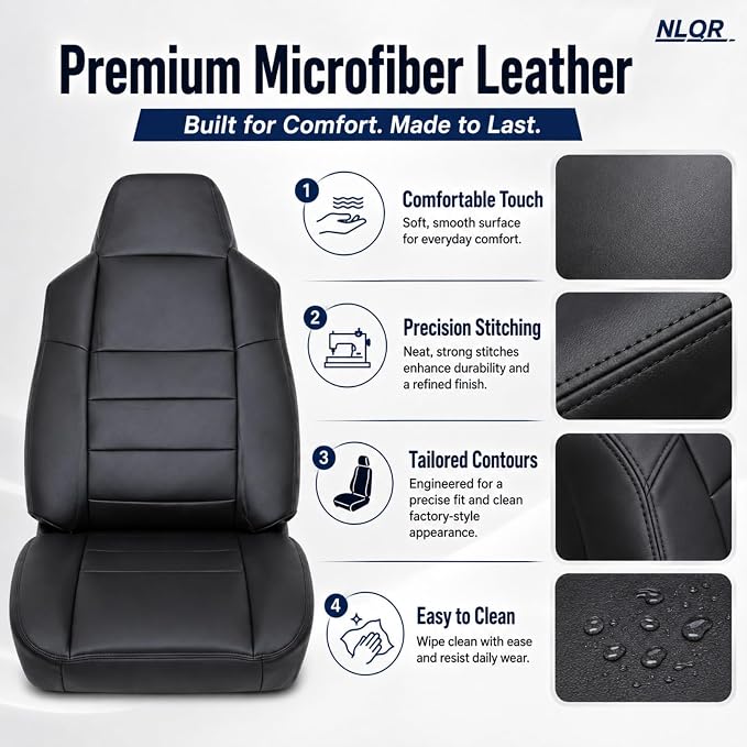 NLQR Black Driver & Passenger Side Bottom & Top Lean Back Replacement Microfiber Leather Seat Covers fit for Ford F250 F350 F450 F550 Lariat 2002 2003 2004 2005 2006 2007 Excursion 2002 2003 2004 2005