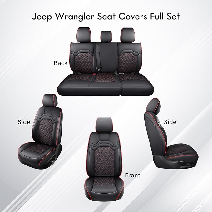 Huidasource 2007-2017 Wrangler Seat Covers 2 Door, Waterproof Leather Seat Cover for Jeep Wrangler JK 2 Door Limited Sport Sahara Rubicon Freedom Willys Wheeler (Full Set/Black&Red)