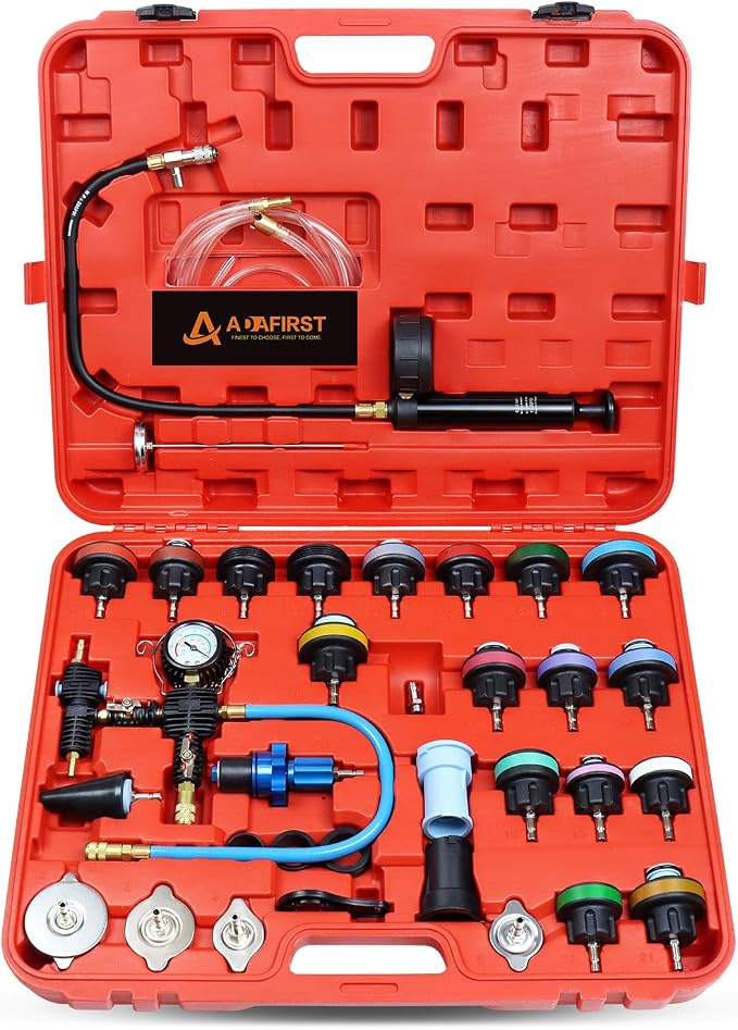 33PCS Radiator Coolant Pressure Tester and Vacuum Refill Tool Kit, Automotive Cooling System Manual Leak Test & Pneumatic Fill Filling Filler Set Universal for Car Truck Airlift, Red