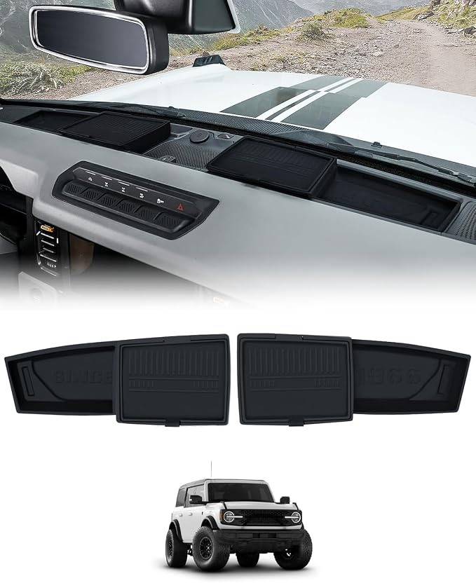 ROADER Dashboard Storage Organizer Tray Compatible with 2021-2025 Ford Bronco, Behind Screen Pocket Center Console Dash Organizer Box with Lid Cover Interior Storage Expansion Accessories