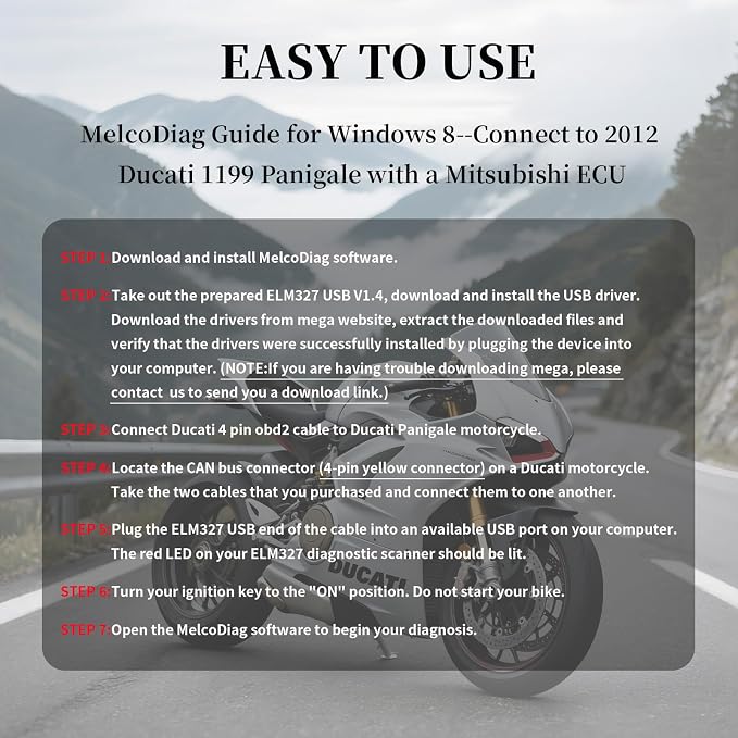 ELM 327 OBD2 USB V1.4 Adapter Cable for JPDiag Melcodiag M3C9 Software with Ducati 4 pin OBD2 Adapter,Compatible with Ducait Multistrada 1200/Diavel/Panigale 1199/Monster 696 796 1100 Motorcycle