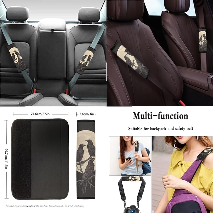 Suobstales Raven Moon Print Car Accessories with Car Front Rear Split Seat Covers, Seat Belt Pads + Steering Wheel Cover + Coaster + Keyrings for Women Set of 11-Pcs
