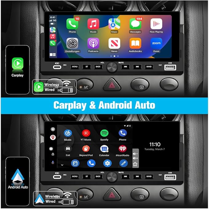 6.86 inch Single Din Car Stereo with CarPlay&Android Auto HD IPS Touchscreen Radio with Bluetooth 5.0, 720P BackupCamera with 6M Cable, Support USB Type-C Charging/USB/Microphone/FM/EQ/GPS/SWC