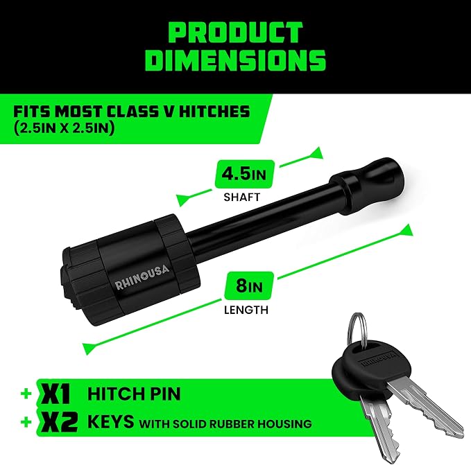 Rhino USA 2.5” Trailer Hitch Pin – Patented 5/8" Locking Receiver Pin for Class V Hitches – Weatherproof, Anti-Theft, Debris-Protected – Tow Truck Ready – Black 1PK