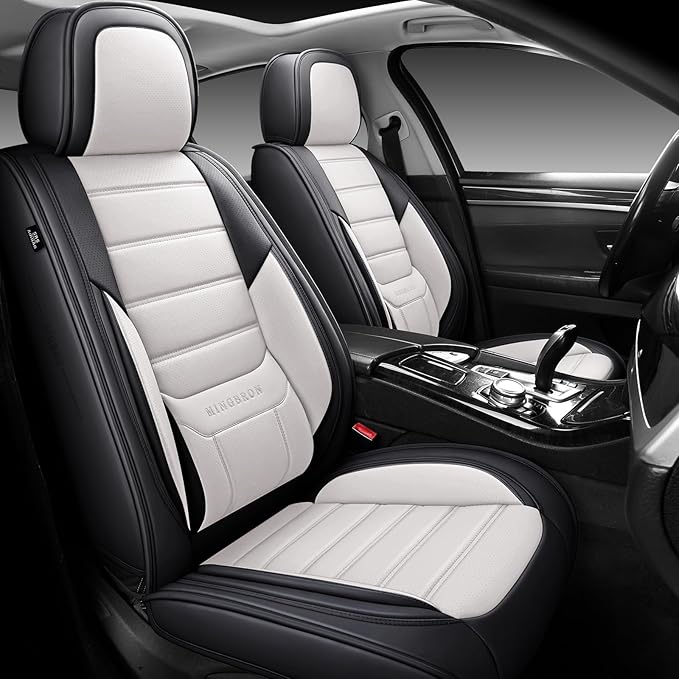 MINGBRON Car Seat Covers Full Set,Black White Car Seat Cover, Car Seat Protector Waterproof, Nappa Leather Car Seat Cushion, Fit for Most Cars
