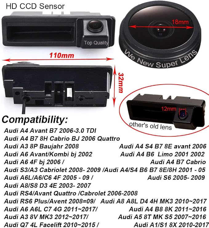 18mm Super Starlight pro Trunk Handle Vehicle-Specific Camera Integrated into Case Handle Rear View Camera for Audi A4 S4 A6 A6L C6 Avant B7 8E 8H Cabrio A3 8P Baujahr Kombi Limo S3 Cabriolet S6 S8