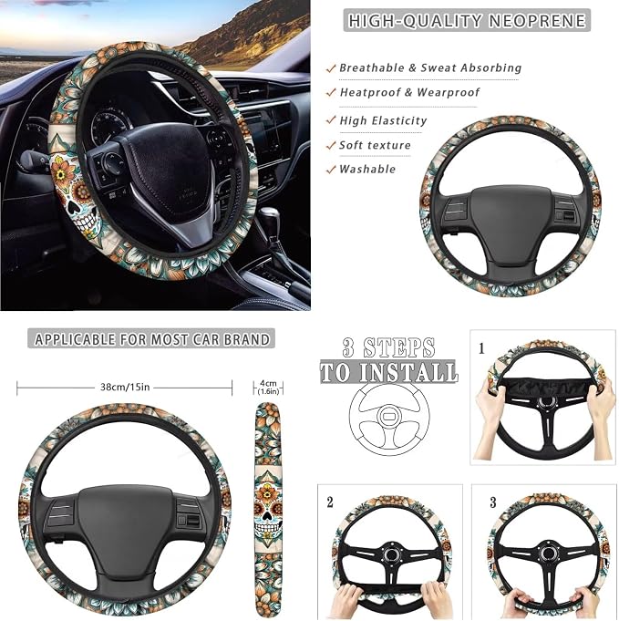 Suobstales Boho Mandala Sugar Skull Print Car Accessories with Car Front Rear Split Seat Covers, Seat Belt Pads + Steering Wheel Cover + Coaster + Keyrings for Women Men Set of 11-Pcs