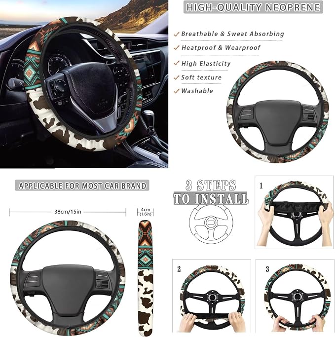 Dreaweet Aztec Cow Car Seat Covers Full Set for Women,Southwestern Car Accessories Interior,Native American Steering Wheel Cover with Center Console Cover,Seat Belt Pads,Car Coasters,Gear Shift Cover
