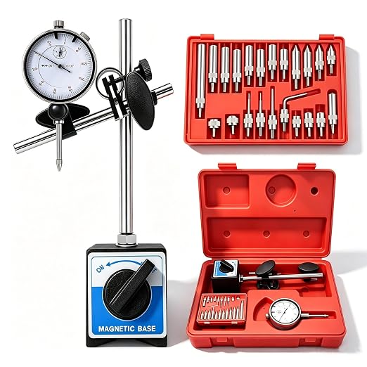 Dial Indicator 0-1 Inch with Magnetic Base - 0.001 Inch Accuracy, Smooth Adjustment & 150+ lbs Magnetic Hold - Lathe, Brake Rotor, Pinion Depth & Differential Backlash - 22 Tips (red)