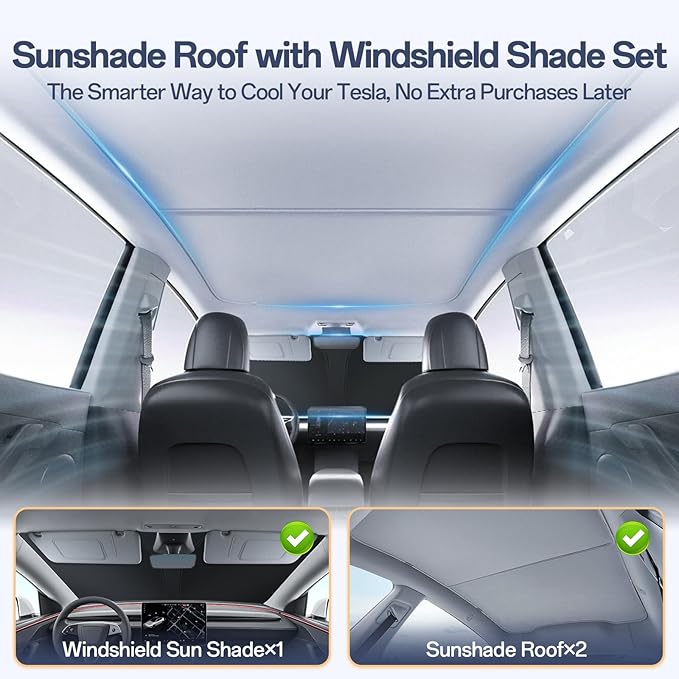 3PCS Windshield & Roof Sunshade Set for Tesla New Model Y Juniper 2025-2026, Foldable Sun Shade, Custom Fit Window Shade, Split Design No-Sag Sunshade Roof, Interior UV Protection & Heat Insulation