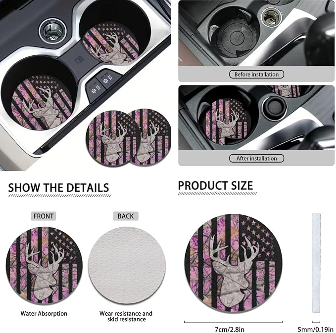KEIAHUAN Car Front Rear Seat Covers Full Set for Women 11 Pcs Pink Branch Camo Hunting with Stretch Steering Wheel Cover+Headrest Cover+Gear Shift Cover&Handbrake Cover+Cup Coasters Fit Most Vehicle