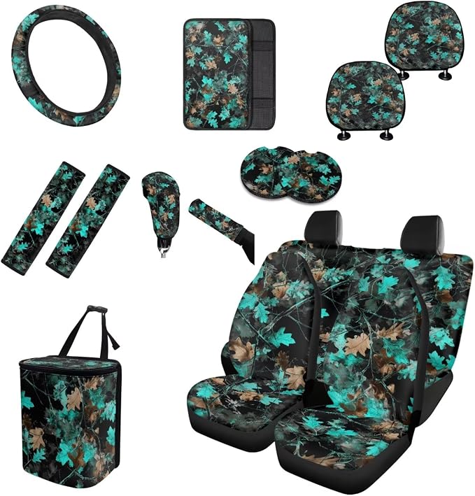 Blue Camo Maple Leaf Car Seat Covers Full Set 15 Pcs Universal Car Accessories Steering Wheel Cover Seat Belt Pads Garbage Bag Car Headrest Pillow Covers Armrest Pad
