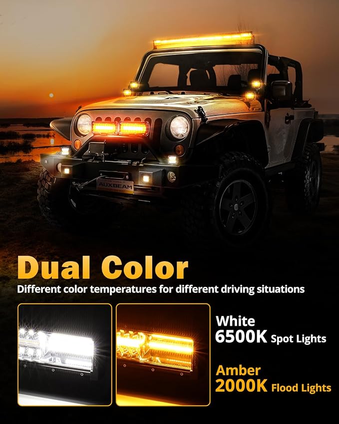 Auxbeam 6 Modes Amber White Series 22-Inch LED Light Bar for ATV UTV Jeep | Dual color LED bar, Off-road strobe light, Spot flood combo, Flashing warning signal, multi-function, offroad lighting