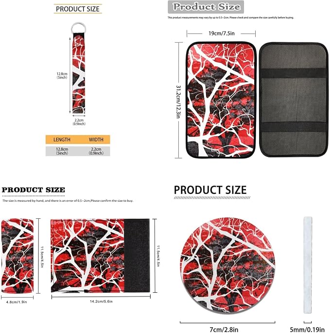 18 Pcs Red Branch Car Interior Accessories Set, Car Seat Covers Full Set with Auto Floor Mats Steering Wheel Cover Armrest Pad Seat Belt Pads Handle Wraps Keychain Cup Coaster