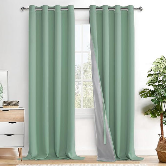 XWZO 100% Blackout Curtains 2 Panels with Tiebacks- Extra Long Heat and Full Light Blocking Window Treatment with Grommets for Bedroom/Nursery, Light Sage, W52 x L108 Inches Long, Set of 2