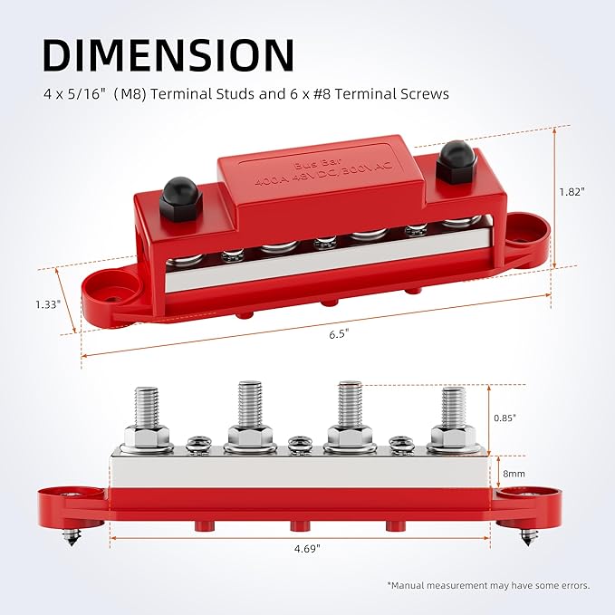 RVBOATPAT 400A Power Distribution Block 12V Bus Bar 4 x 5/16" (M8) Terminal Studs and 6 x #8 Terminal Screws 12 Volt Marine Bus Bar Positive & Negative