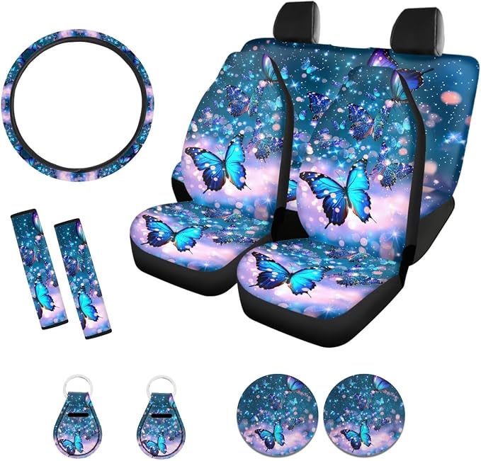 Xoenoiee Blue Sparkling Butterfly Print 11 Pieces Car Accessories Set, Front and Back Car Seat Covers Set, Steering Wheel Cover Car Coasters, Seat Belt Pads, Key Chain for Car Decoration